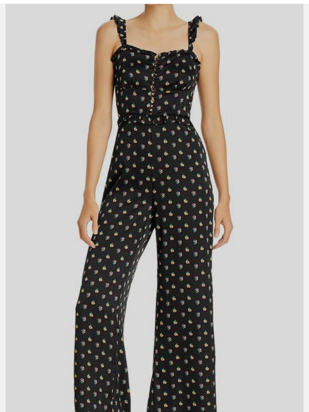 Aqua black floral Jumpsuit wide-leg romper bustier detail ruffle XS satin feel S